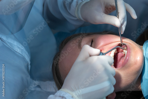 Photos Dentist drying a prepared tooth before dental crown placement