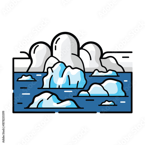 Illustration of iceberg floating in the ocean with icy waters and cloudy sky viewed from a distant perspective