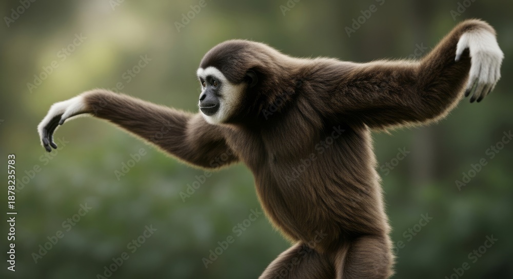 Fototapeta premium Javan gibbon hanging from tree branches in tropical rainforest. An endangered primate endemic to Java, known for long arms, loud calls, and agile movement.