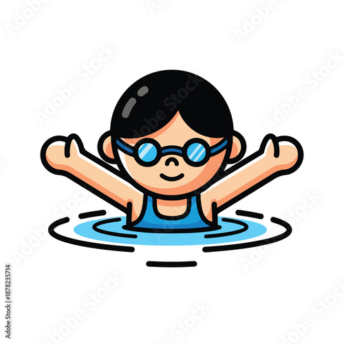 A young swimmer with goggles celebrates a triumphant moment in the pool, viewed from directly above the water's surface, capturing a joyful aquatic scene.