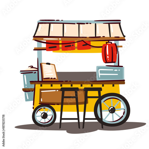 Korean street food cart with wooden counter, wheels, stools, hanging lantern, menu board, traditional vendor stand, travel to South Korea theme, urban cuisine concept, cartoon vector illustration.