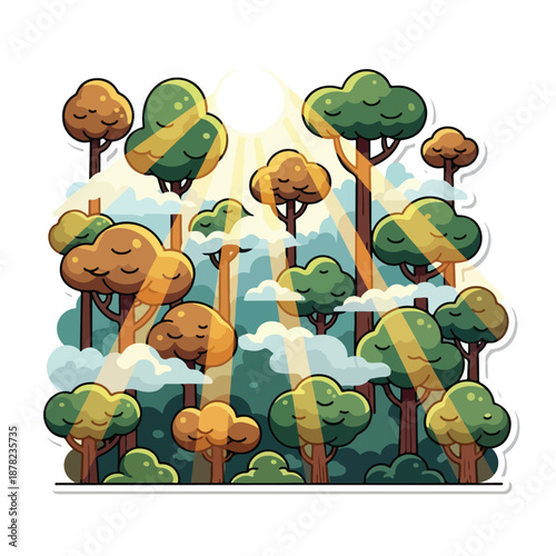 Illustration of cartoon trees with smiling faces in a forest with sunlight filtering through the leaves and clouds in the background from a frontal viewpoint