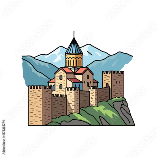 A majestic fortress perched atop a lush hill surrounded by mountains, a vibrant illustration showcasing architectural grandeur and scenic beauty from a distant viewpoint.