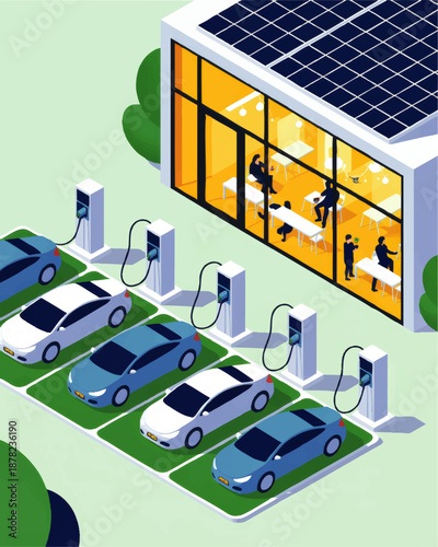 Futuristic electric car charging station with solar powered office building and people in modern eco friendly business illustration