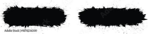 Two wide black grunge brush strokes with ink splatters Keywords: grunge, brush stroke, black