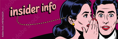 Retro pop art comic of woman whispering insider info secret to surprised man on vibrant magenta background, vintage gossip illustration