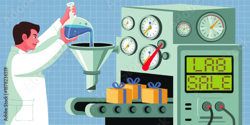 Scientist operating laboratory marketing machine turning blue liquid into gift boxes on conveyor belt with lab sale display