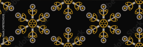 Seamless steampunk gear pattern, golden mechanical cogs and silver metal rods on black background, industrial technology wallpaper