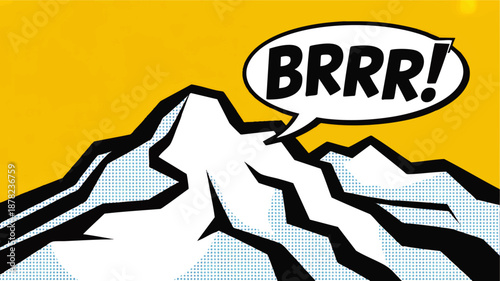 Pop art snowy mountain illustration with comic speech bubble saying BRRR on bold yellow background, retro cold weather graphic