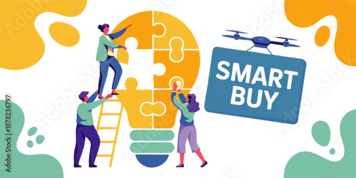 Smart buy concept illustration with diverse team assembling lightbulb puzzle and drone delivering ecommerce sale banner on colorful background
