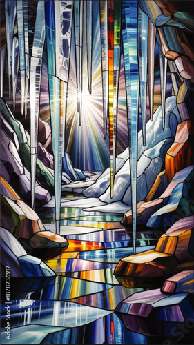 Abstract icy cave landscape with colorful icicles and sunburst light over reflective frozen water, modern stained glass style