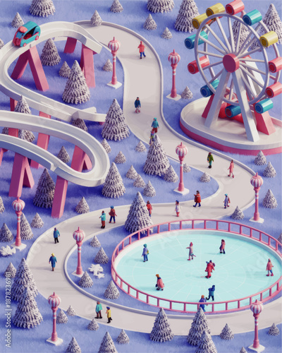 Colorful winter amusement park with ice skating rink, snowy trees, ferris wheel and people enjoying festive outdoor fun
