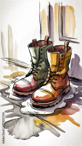 Colorful waterproof boots in watercolor style standing in puddles by door, artistic autumn rain footwear illustration vertical