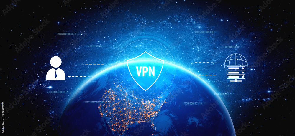 Fototapeta premium VPN security protects network access. VPN security encrypts data, hides identity, VPN security defends traffic, and VPN security secures connection from threats. Vouch