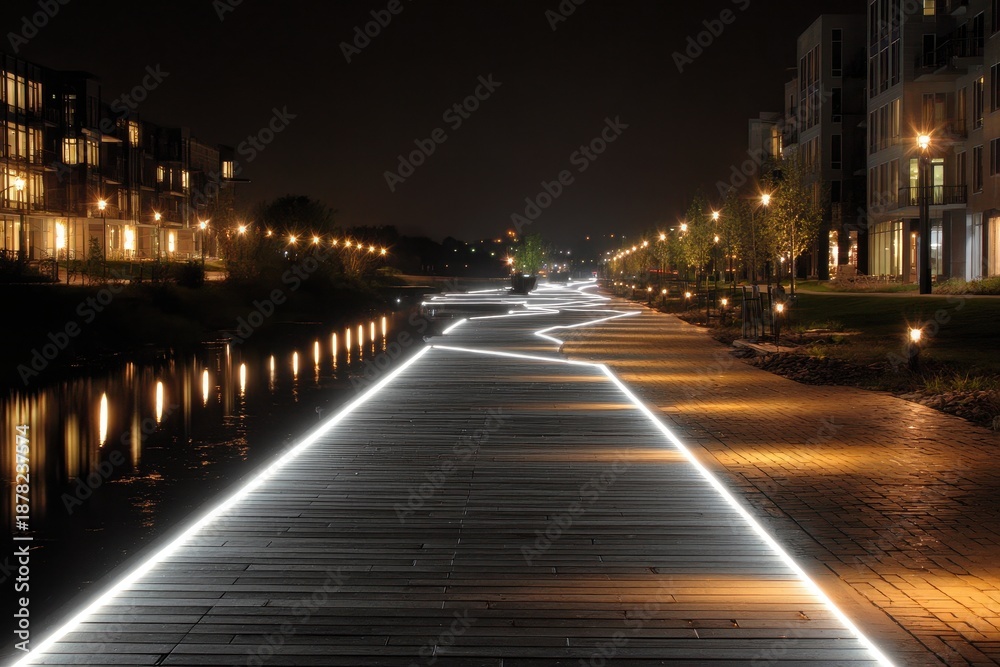 Fototapeta premium Illuminated Boardwalk by River Reflecting Lights in Night Scene