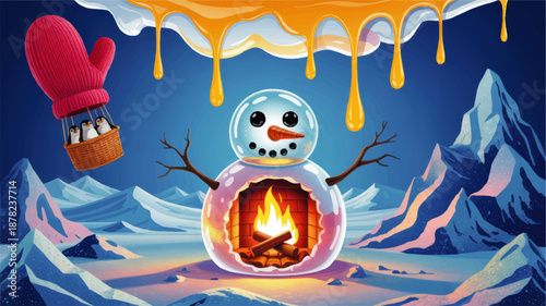 Surreal winter landscape with glass snowman fireplace, melting sky, and penguins flying in mitten balloon, whimsical fantasy art