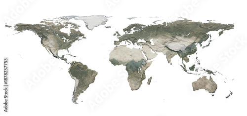 Obraz na plátne World Map Realistic Terrain High Relief. 3d rendering
