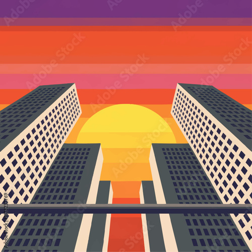 Retro city skyline at sunset with colorful gradient sky, modern skyscraper illustration, urban sunrise background, vaporwave style art
