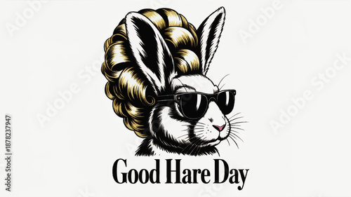 Cool hare with retro hairstyle and sunglasses illustration, Good Hare Day funny bunny pun design on transparent background