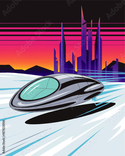 Futuristic flying car speeding over neon landscape with retro sunrise and sci fi city skyline, cyberpunk vector illustration