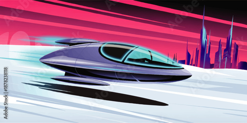 Futuristic flying car speeding over icy landscape with neon cyberpunk city skyline and glowing pink sky, sci fi vector illustration