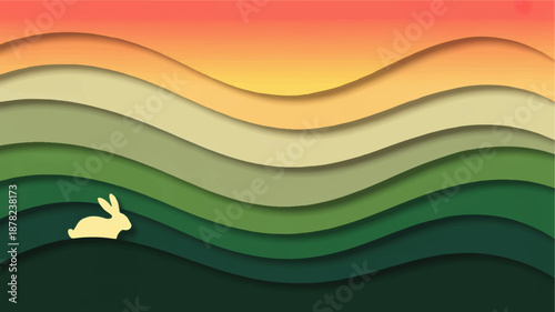 Minimalist rabbit silhouette in layered green hills at sunset, pastel abstract landscape background for spring nature design