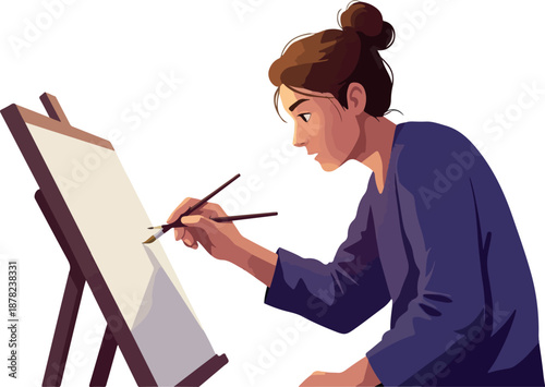 Woman Artist Painting Canvas On Easel Simple Illustration
