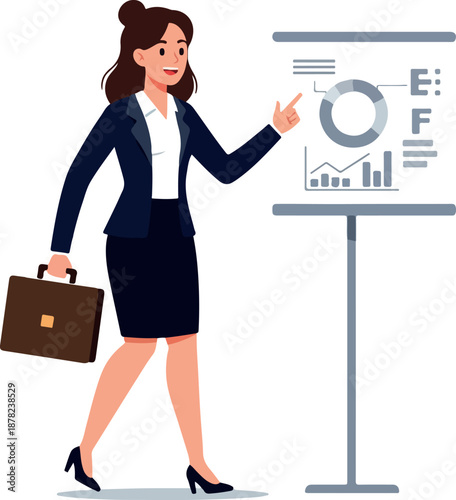 Woman Business Presentation Chart Flat Design Vector Suit Briefcase Whiteboard