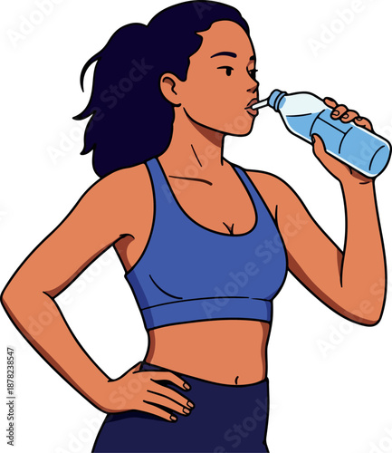 Woman Drinking Water Blue Sports Bra Isolated On White Background
