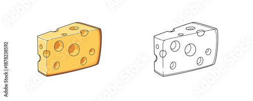Swiss cheese block with large holes in cartoon and line art style using bright yellow and orange colors representing dairy product for food design on white background