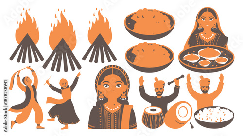 Collection of Indian festival elements showing bonfires, dancing people, traditional food and musical instruments