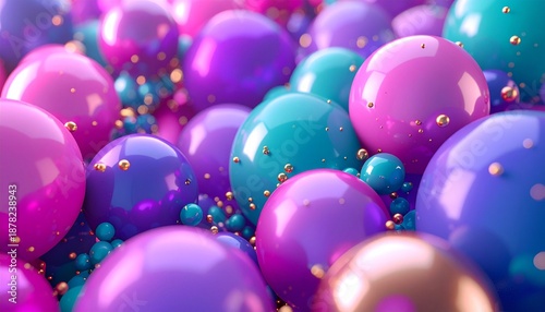 A close-up shot of colorful, shiny balloons in purple, pink, and teal hues with small golden specks, against a blurred background with a joyful and celebratory mood.
