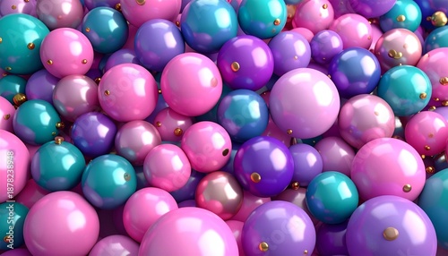 A close-up view of a colorful assortment of shiny pearls in various shades of pink, purple, and teal, arranged in a dense cluster against a white background.