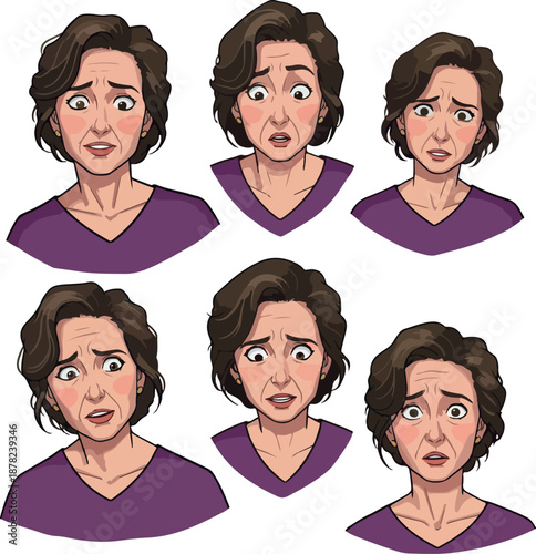 Woman Pixel Art Expressions Portrait Purple Top Various Emotions Isolated