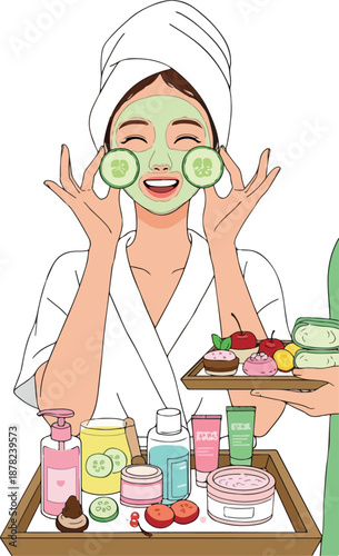 Woman Spa Day Green Mask Cucumber Eyes White Robe Skincare Beauty Products