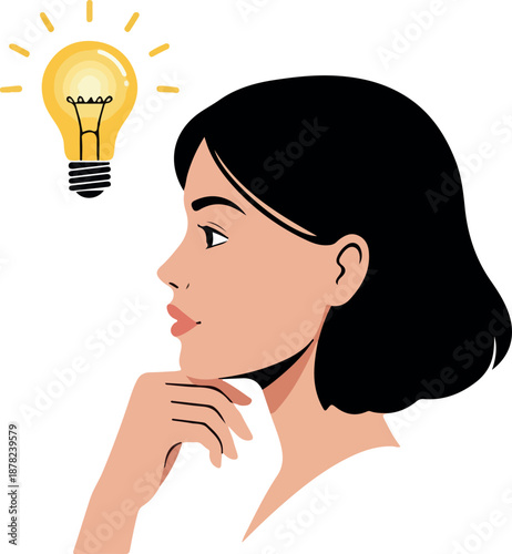 Woman Thinking With Glowing Light Bulb Idea Symbol