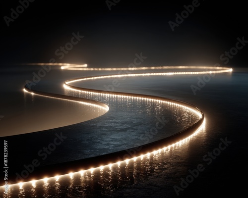 Serpentine Pathway Illuminated by LED Lights in Dark Environment