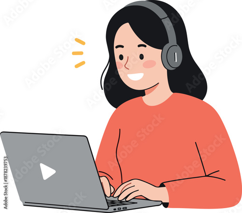 Woman With Headphones Using Laptop Flat Design Minimal Illustration