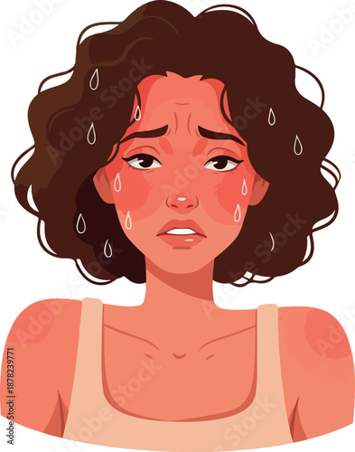 Woman With Sunburn Face Sweating Badly In Heat