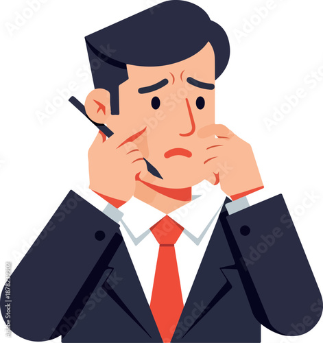 Worried Businessman Holding Pen Stressed Touching Face Flat Design