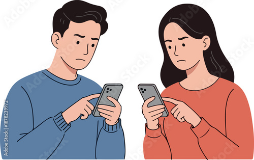 Worried Couple Browsing Smartphones With Blank Expressions Flat Illustration