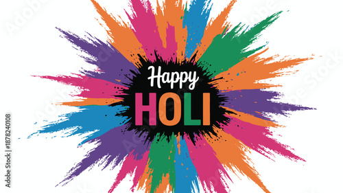 Explosive burst of many colorful powders surrounding a central Happy Holi message