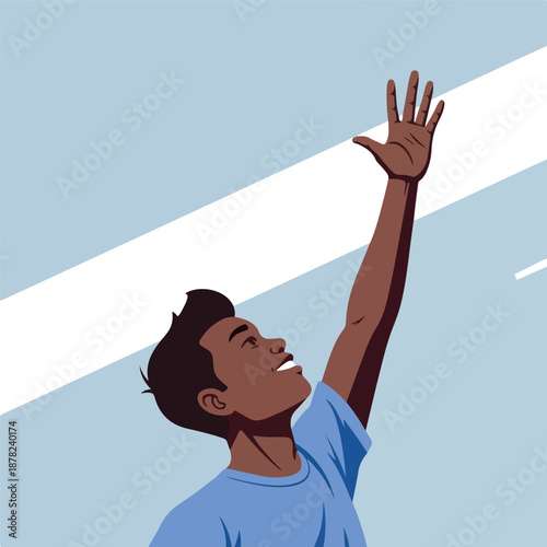 Young Black Man Reaching Up Blue TShirt Light Blue Background Flat Illustration