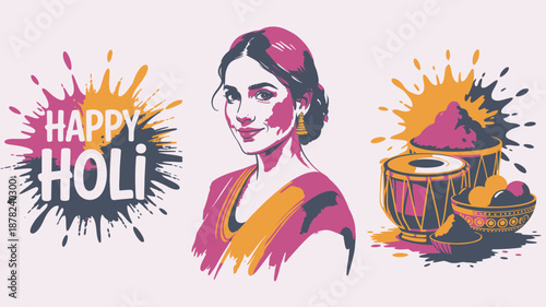 Festive Happy Holi wishes featuring an Indian woman and cultural musical instruments
