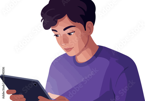 Young Man In Purple Shirt Looks At Tablet Screen In Soft Lighting