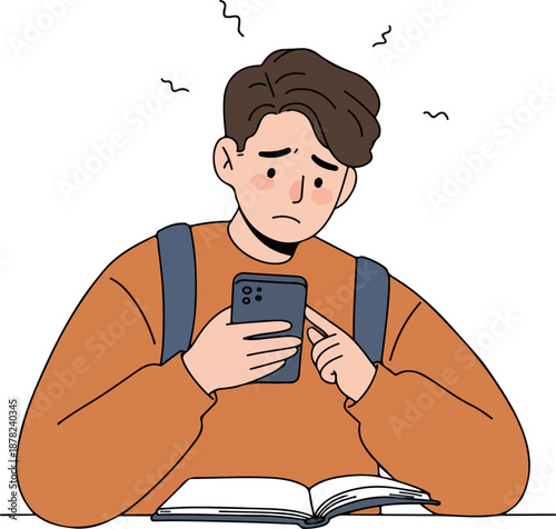 Young Man Stressed By Phone While Studying With Open Book