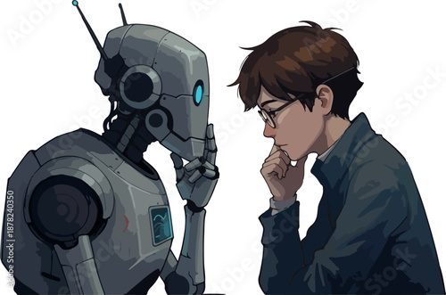 Young Man With Glasses And Robot Pondering Ideas Together White Background