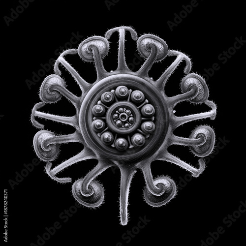 German Fern Fiddlehead & Arabic Arabesque Spiral - Mirrored Symmetry (B&W)