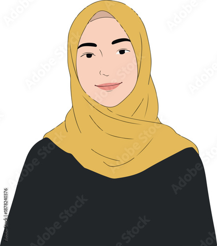 Young Muslim Woman Wearing Yellow Hijab and Black Abaya Smiling