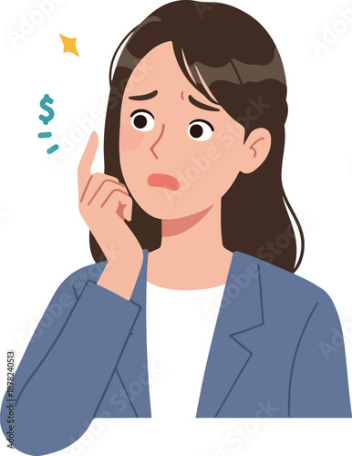 Young Woman Thinking Hard Blue Jacket White Blouse Isolated